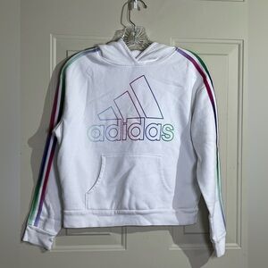 Adidas Girls White Rainbow Logo Hoodie Size 14 Cotton Blend Pullover Sweatshirt